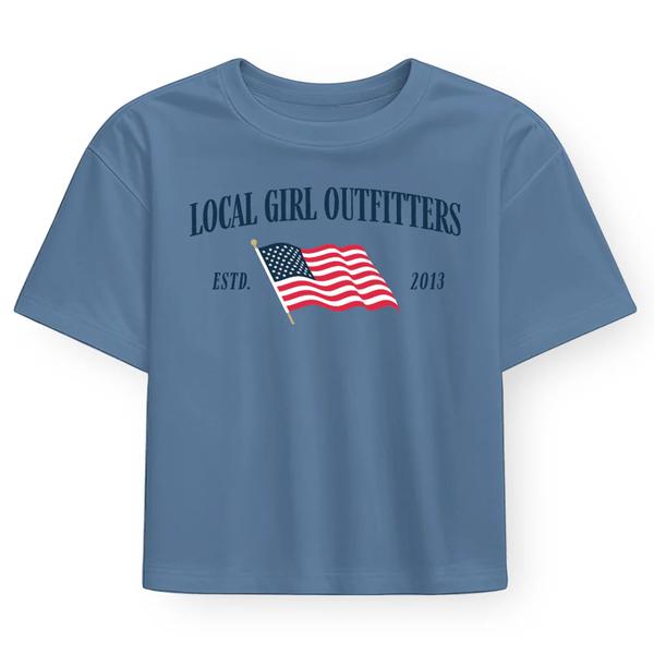 WOMEN'S LG GRAPHIC CROPPED TEE STARS N STRIPES SLATE